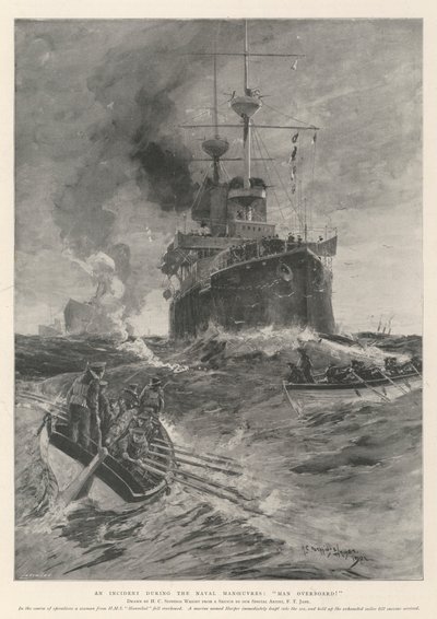 Un incidente durante las maniobras navales, ¡Hombre al agua! de Henry Charles Seppings Wright